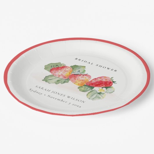Niedliches Red Strawberry Leafy Foliage Brautparty Pappteller (Schrägansicht)