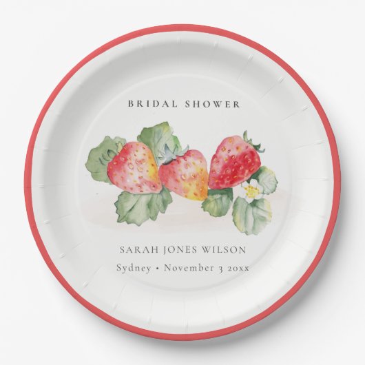 Niedliches Red Strawberry Leafy Foliage Brautparty Pappteller (Vorderseite)
