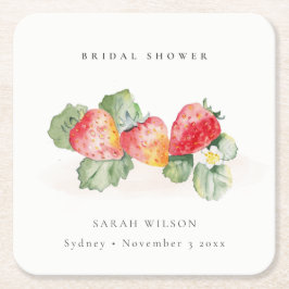 Niedliches Red Strawberry Leafy Foliage Brautparty Rechteckiger Pappuntersetzer