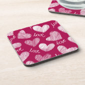 Niedliches Red White Scribbled Herz mit Liebe Scri Getränkeuntersetzer (Linke Seite)