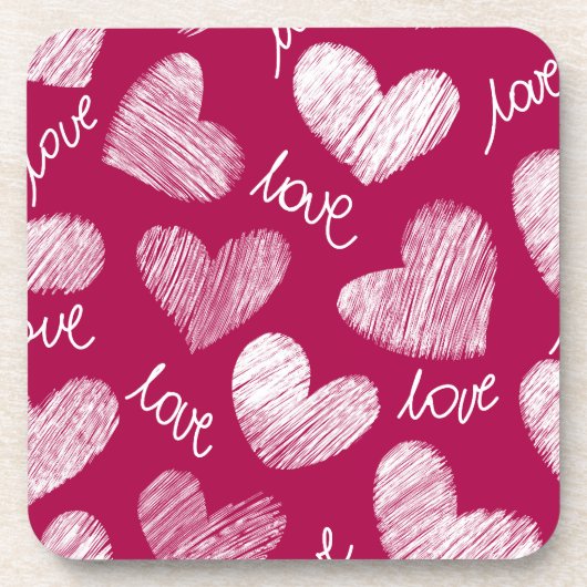 Niedliches Red White Scribbled Herz mit Liebe Scri Getränkeuntersetzer (Vorderseite)