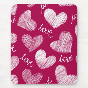 Niedliches Red White Scribbled Herz mit Liebe Scri Mousepad
