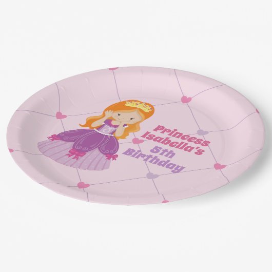 Niedliches Redhead Princess Pink Kindergeburtstag Pappteller (Schrägansicht)