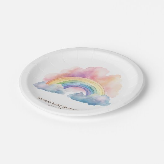 Niedliches Regenbogen Kinderdusche Pappteller (Schrägansicht)