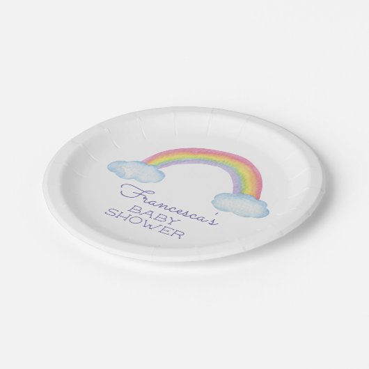 Niedliches Regenbogen Kinderdusche Pappteller (Schrägansicht)
