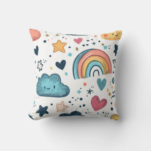 Niedliches Regenbogendoodle-Muster mit Wolken und Kissen