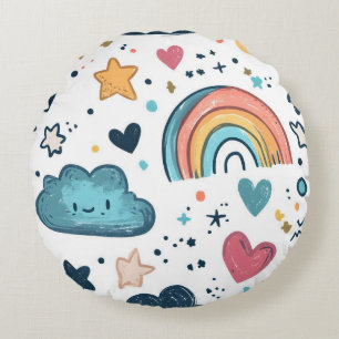 Niedliches Regenbogendoodle-Muster mit Wolken und  Rundes Kissen