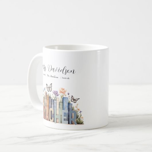 Niedliches Regenbogenregal & Bücher Lehrermonogram Kaffeetasse (Vorderseite Links)