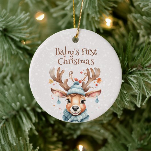 Niedliches Rentier Baby's First Christmas Foto Keramik Ornament (Baum)