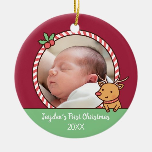 Niedliches Rentier Doodle Baby's First Christmas F Keramik Ornament (Vorne)