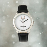 Niedliches Rentier-Gesicht mit rotem Notennamen Armbanduhr<br><div class="desc">Zeigt ein niedliches Rentiergesicht mit Geweih,  Ohren,  Augen und roter Nase. Moderne,  minimalistische Silhouette. Passen Sie den Namen unter dem Hirschgesicht an und personalisieren Sie ihn. Wunderschön für Kinder,  Jugendliche und Erwachsene für den Weihnachtsurlaub im Dezember. Erleben Sie den festlichen Geist dieses zauberhaften Tieres.</div>
