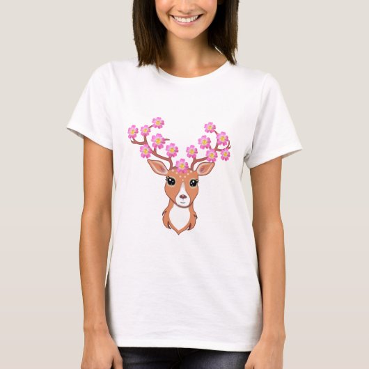 Niedliches Rentier mit rosa Blume T-Shirt (Vorderseite)