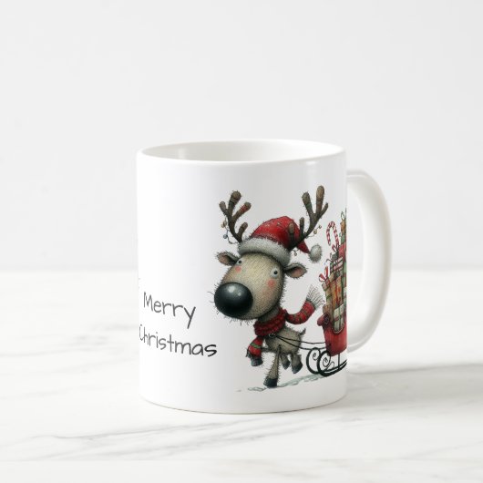 Niedliches Rentier mit Schlitten und Geschenken Kaffeetasse (VorderseiteRechts)