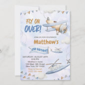 Niedliches Retro Blue Flugzeug fliegt am 2. Geburt Einladung (Vorderseite)