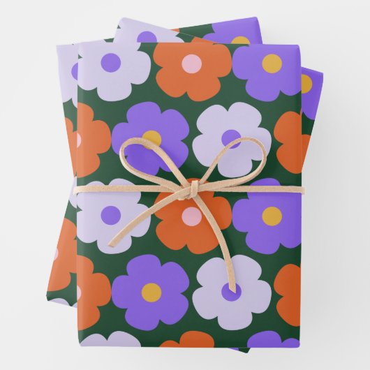 Niedliches Retro-Blume-Muster in Lila und grün  Geschenkpapier Set (Beispiel)