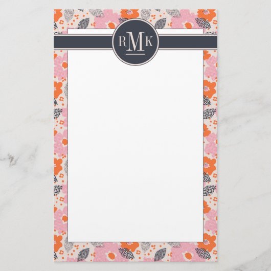 Niedliches Retro Blumenmuster des Monogramm-| Briefpapier (Vorderseite)