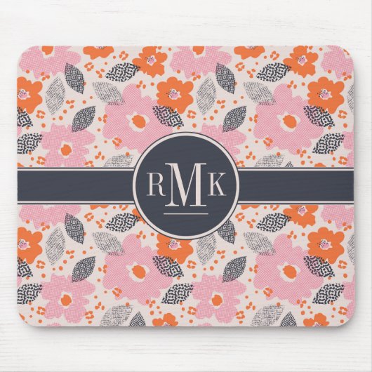 Niedliches Retro Blumenmuster des Monogramm-| Mousepad (Vorne)