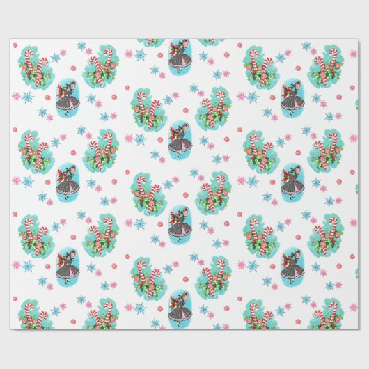 Niedliches Retro Candy Cane Weihnachtswrapping Pap Geschenkpapier (Flach)