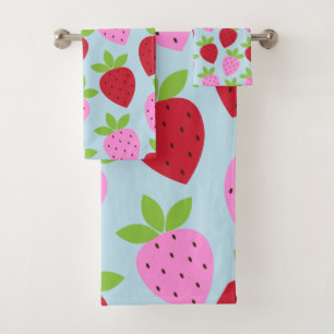 Niedliches Retro Erdbeeren Fruchtmuster Rosa Blau Badhandtuch Set