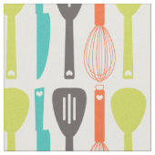 Niedliches Retro Green Orange Kitchen Utensidmuste Stoff (Nahaufnahme)