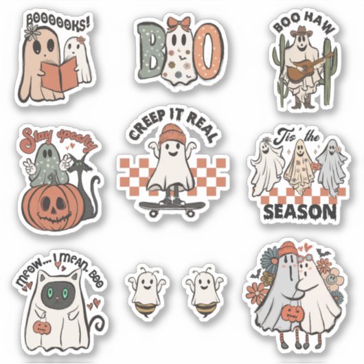 Niedliches Retro-Halloween-Ghost-Sticker-Pack Aufkleber (Vorderseite)