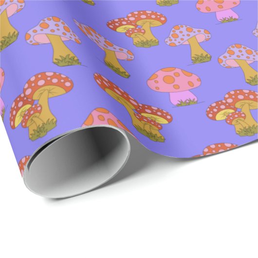 Niedliches Retro-Hippie-Pilzmuster im Lila Geschenkpapier (Rolleneckpunkt)