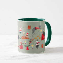 Niedliches Retro-Katzengrün Weihnachtsmuster Tasse
