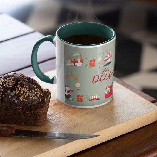 Niedliches Retro-Katzengrün Weihnachtsmuster Tasse