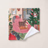 Niedliches Retro-Katzenmuster Weihnachten Badhandtuch Set (Waschlappen)