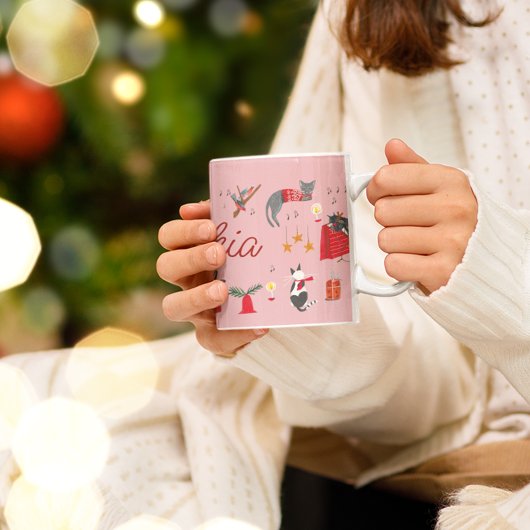 Niedliches Retro-Katzenrosa Weihnachtsmuster Tasse