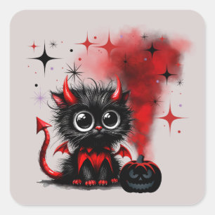 Niedliches Retro Rot-Schwarz Wide-Mit Augen Kätzch Quadratischer Aufkleber