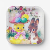 niedliches Retro-Vintag Osterhasen-Party Pappteller (Vorderseite)