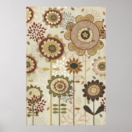 Niedliches Retrobraun, beige Blumenmuster Poster (Vorne)