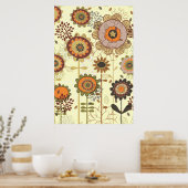 Niedliches Retroorangefarbenes, braunes Blumenmust Poster (Küche)