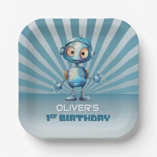 Niedliches Robot Thema 1. Geburtstag Party Pappteller (Vorderseite)