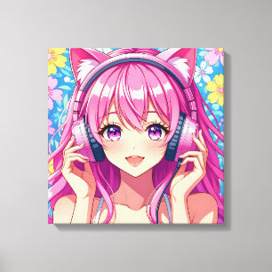 Niedliches rosa Anime-Girl mit Kopfhörern Leinwanddruck