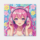 Niedliches rosa Anime-Girl mit Kopfhörern Magnet (Vorne)