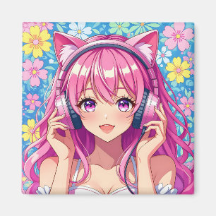 Niedliches rosa Anime-Girl mit Kopfhörern Magnet