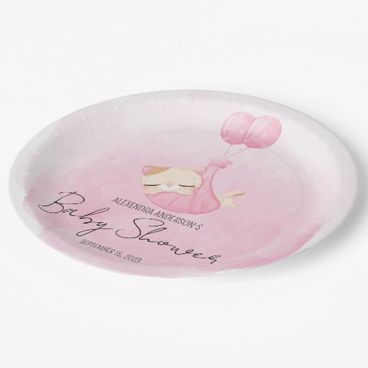 Niedliches rosa Aquarellkätzchen für Mädchen Dusch Pappteller (Schrägansicht)