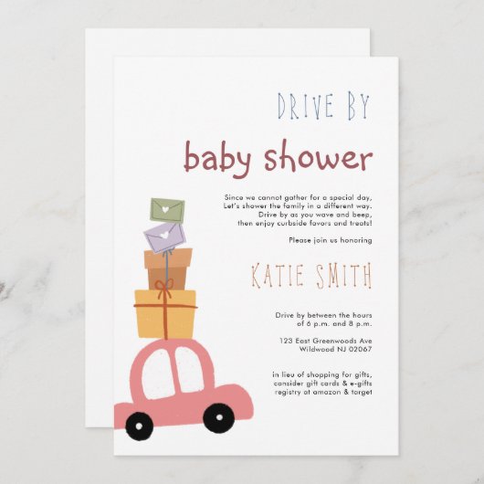 Niedliches rosa Auto mit Geschenkprogramm Drive by Einladung (Vorne/Hinten)