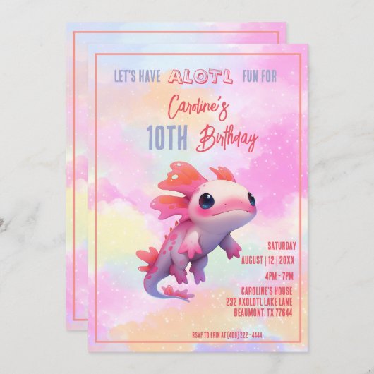 Niedliches rosa axolotfarbenes Regenbogenmädchen u Einladung (Vorne/Hinten)
