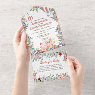 Niedliches Rosa Ballon Wasserfarbenflora Babydusch All In One Einladung