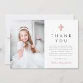 Niedliches Rosa Blumenkreuz Foto Girl First Commun Dankeskarte (Vorderseite)