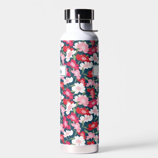 Niedliches rosa Blumenmuster, Monogramm des Indivi Trinkflasche (Links)