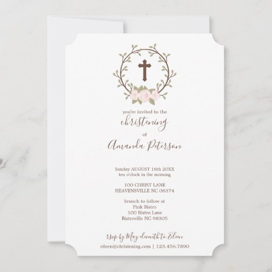Niedliches Rosa Blumenreath Cross Taufe Christenin Einladung (Vorderseite)