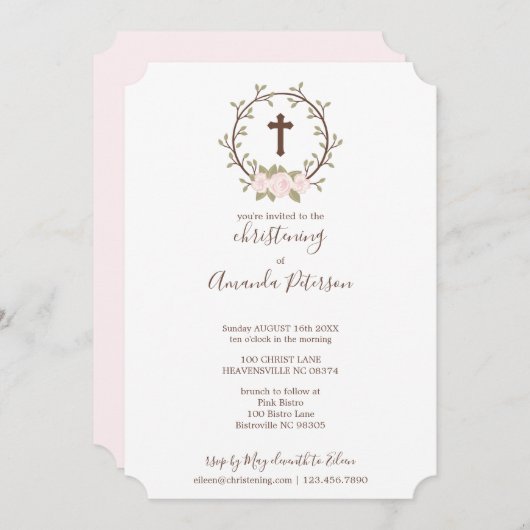 Niedliches Rosa Blumenreath Cross Taufe Christenin Einladung (Vorne/Hinten)