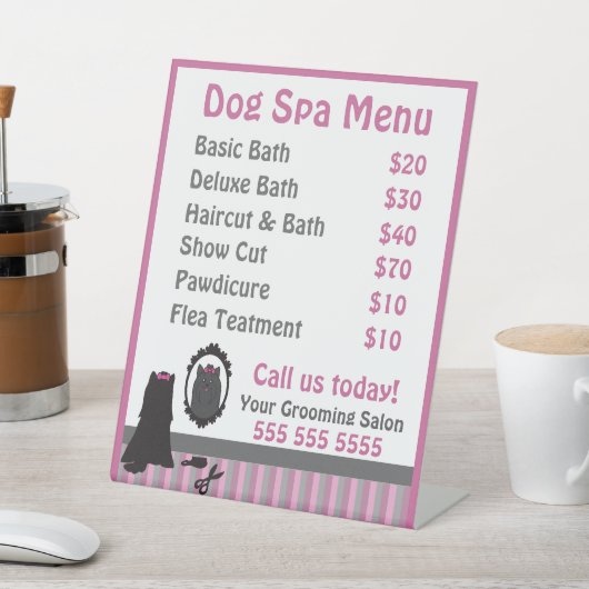 Niedliches Rosa Dog Grooming Wellness-Center Menu Sockelschild (In SItu)