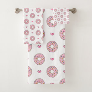 Niedliches rosa Donut- und Herzmuster Badhandtuch Set