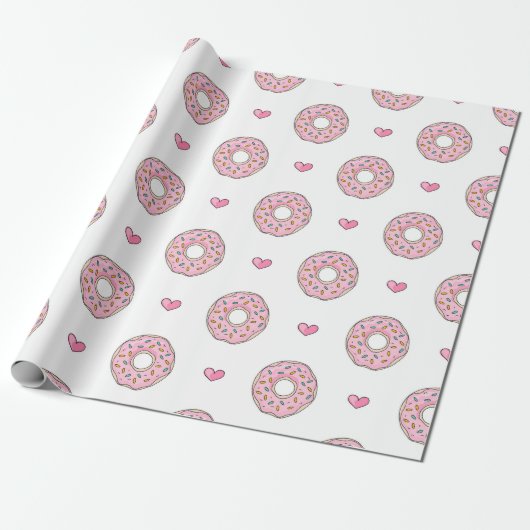 Niedliches rosa Donut- und Herzmuster Geschenkpapier (Ungerollt)