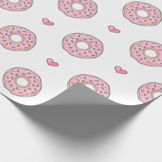 Niedliches rosa Donut- und Herzmuster Geschenkpapier (Ecke)